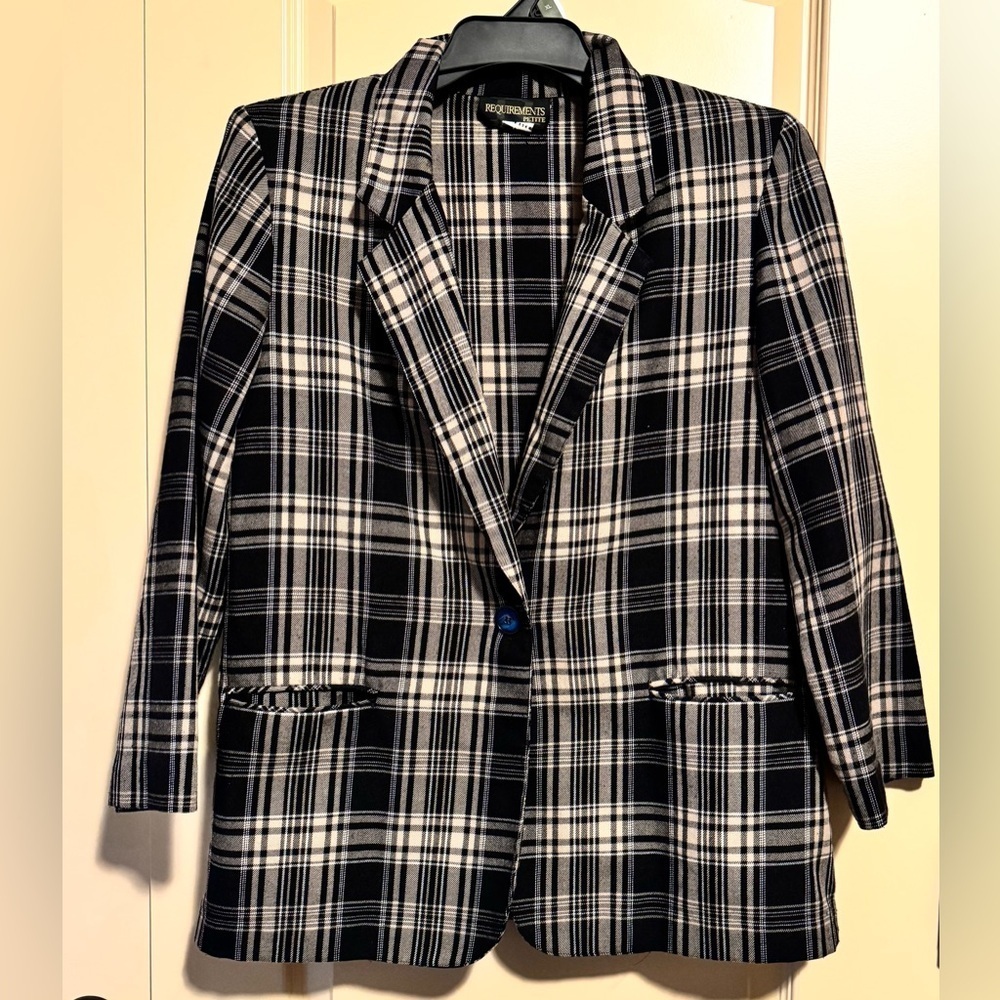 Vintage 80s 90s Requirements Petite Black and Tan Plaid Blazer